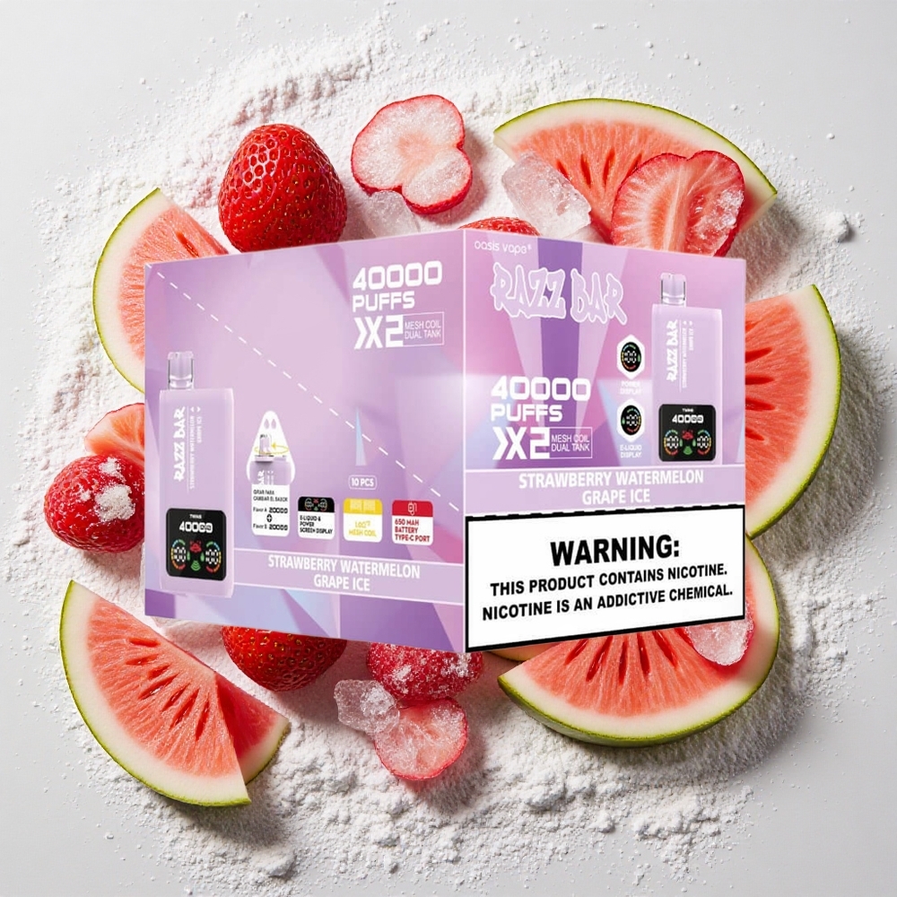 Razz Bar 40000 Puffs Wegwerp Vape Aardbei_Watermeloen_Druif IJs met Power Screen Display, 650 Mah Battery Type-C Port, 2%,5% Nicotinegehalte