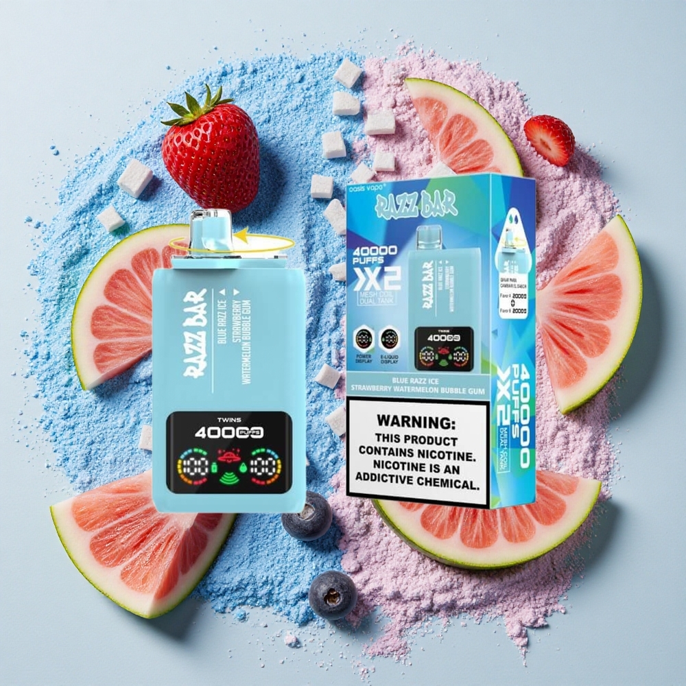 Razz Bar 40000 Puffs Wegwerp Vape Blauwe Razz IJs-Aardbei Watermeloen Bubble Gum 650 Mah Batterij, Type-C Poort, 2%,5% Nicotinegehalte
