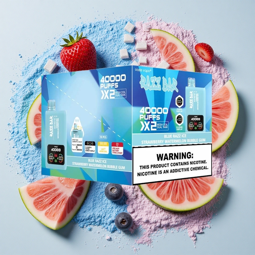 Razz Bar 40000 Puffs Wegwerp Vape Blauwe Razz IJs-Aardbei Watermeloen Bubble Gum 650 Mah Batterij, Type-C Poort, 2%,5% Nicotinegehalte