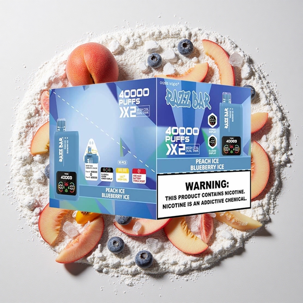 Razz Bar 40000 Puffs Wegwerp Vape Perzik IJs_Blauwe Bes IJs met Energie Scherm Display, 650 Mah Batterij Type-C Poort, 2%,5% Nicotinegehalte
