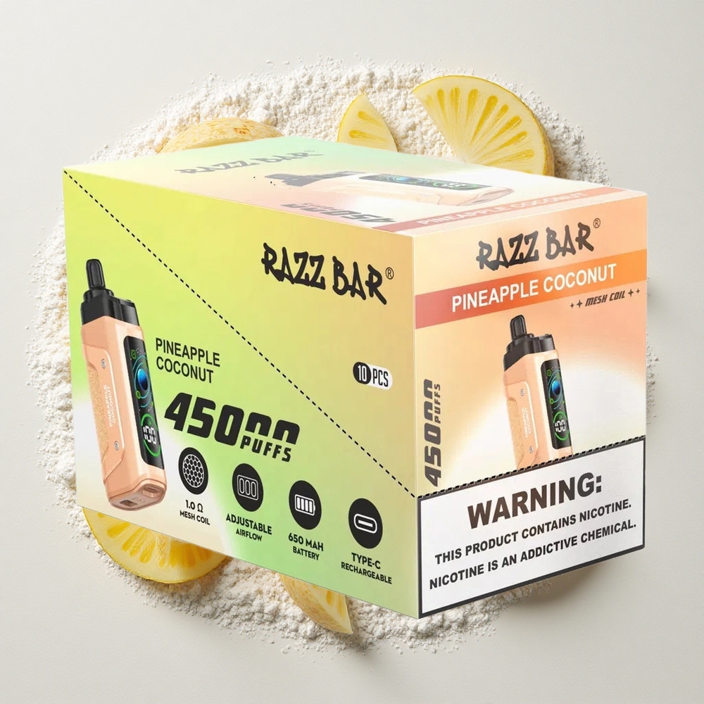 Razz Bar 45000 Puffs Wegwerp Vape Ananas Kokosnoot Met 650 Mah Batterij, Type-C Oplaadbaar, 20 mg/ml Nicotine Sterkte