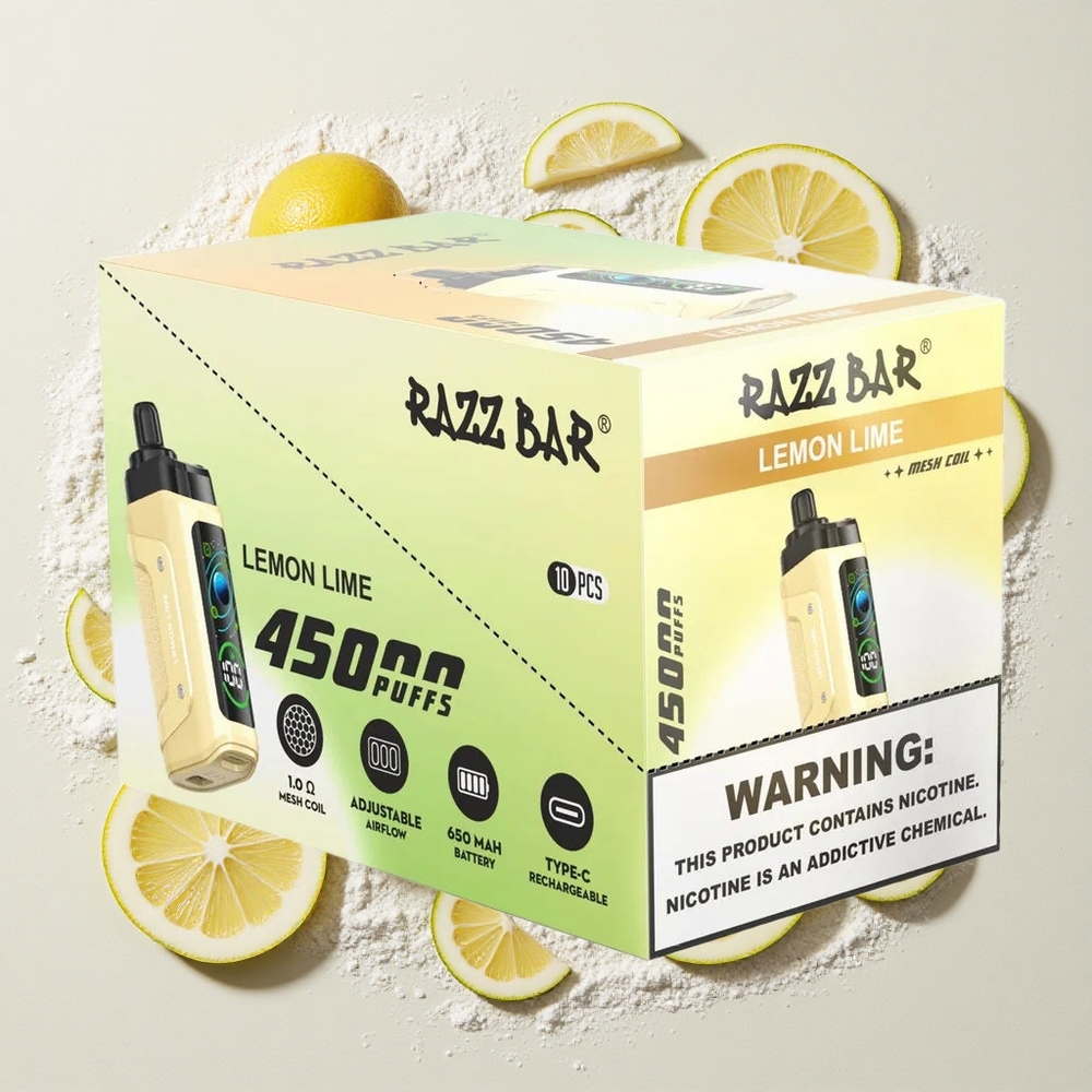 Razz Bar 45000 Puffs Wegwerp Vape Citroen Limoen en Framboos Instelbare Luchtstroom, 650 Mah Batterij, Type-C Oplaadbaar