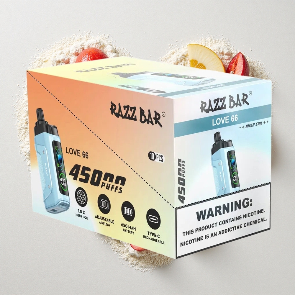 Razz Bar 45000 Puffs Wegwerp Vape Liefde 66 Aanpasbare Luchtstroom 1.0 Ohm Mesh Coil Type-C Oplaadbaar 20 mg/ml Nicotine