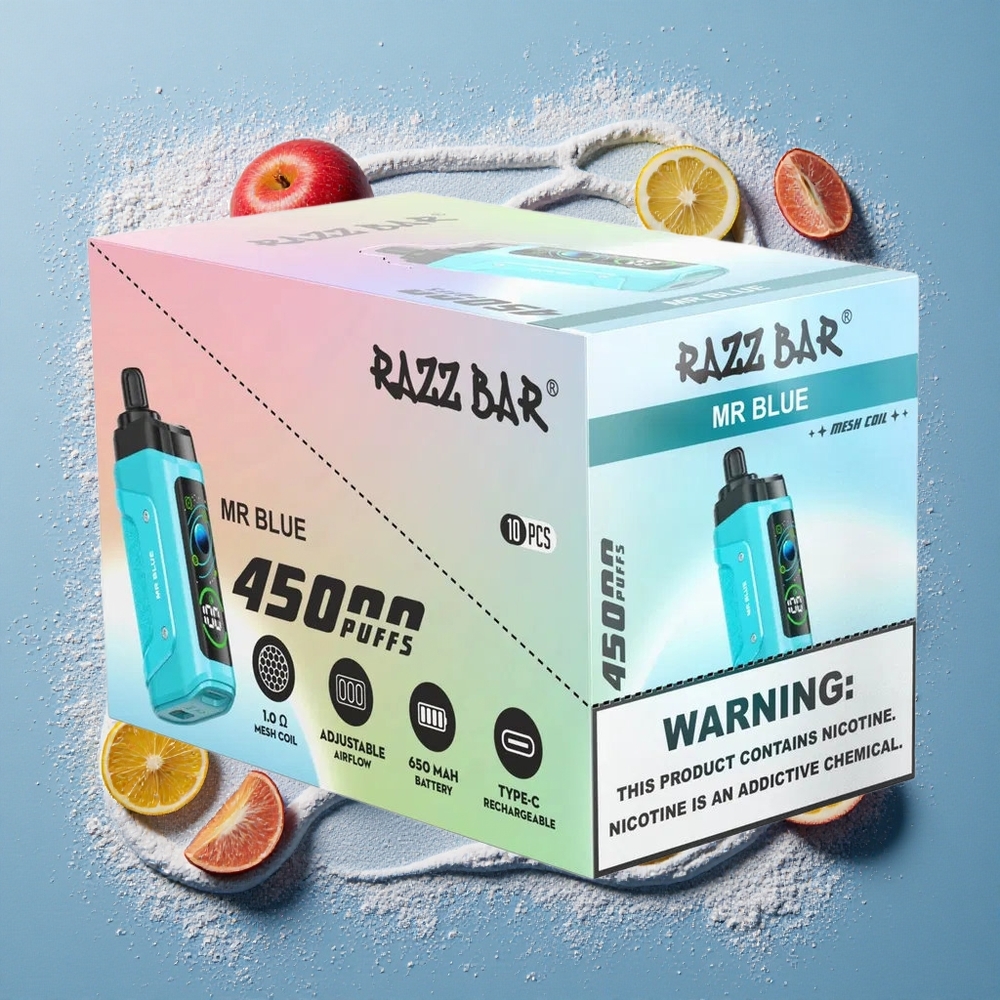 Razz Bar 45000 Puffs Wegwerp Vape Mr Blauw Instelbare Luchtstroom, 650 Mah Batterij, Type-C Oplaadbaar, 20 mg/ml Nicotine Sterkte