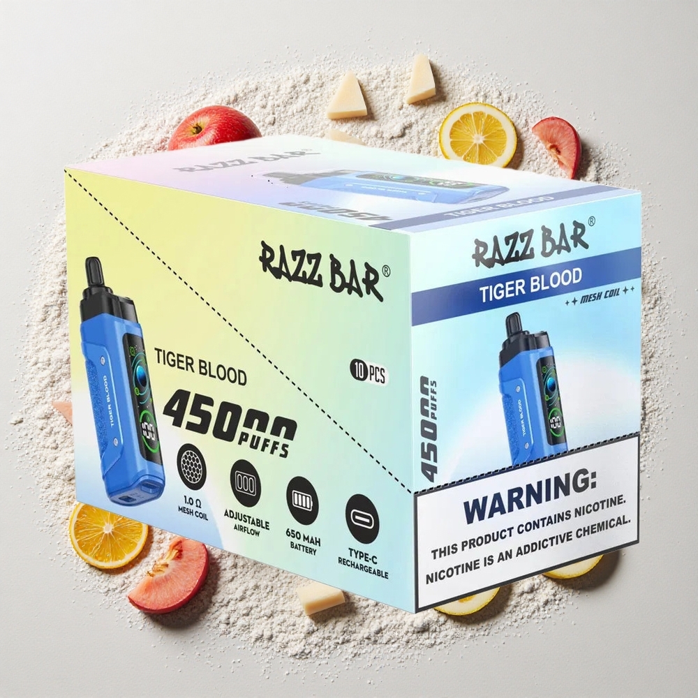 Razz Bar 45000 Puffs Wegwerp Vape Tijgerbloed 650 Mah Batterij, Type-C Oplaadbaar, 20 mg/ml Nicotine Sterkte