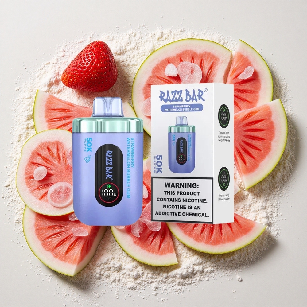 Razz Bar 50K Puffs Wegwerp Vape Aardbei Watermelon Bubble Gum 650 Mah Batterij, Type-C Oplaadbaar, 2% Nicotine