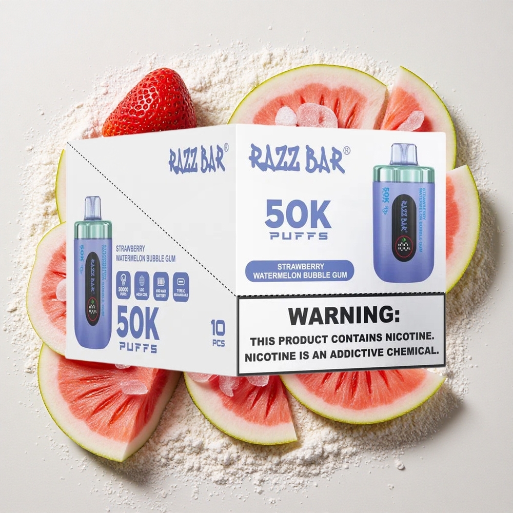 Razz Bar 50K Puffs Wegwerp Vape Aardbei Watermelon Bubble Gum 650 Mah Batterij, Type-C Oplaadbaar, 2% Nicotine