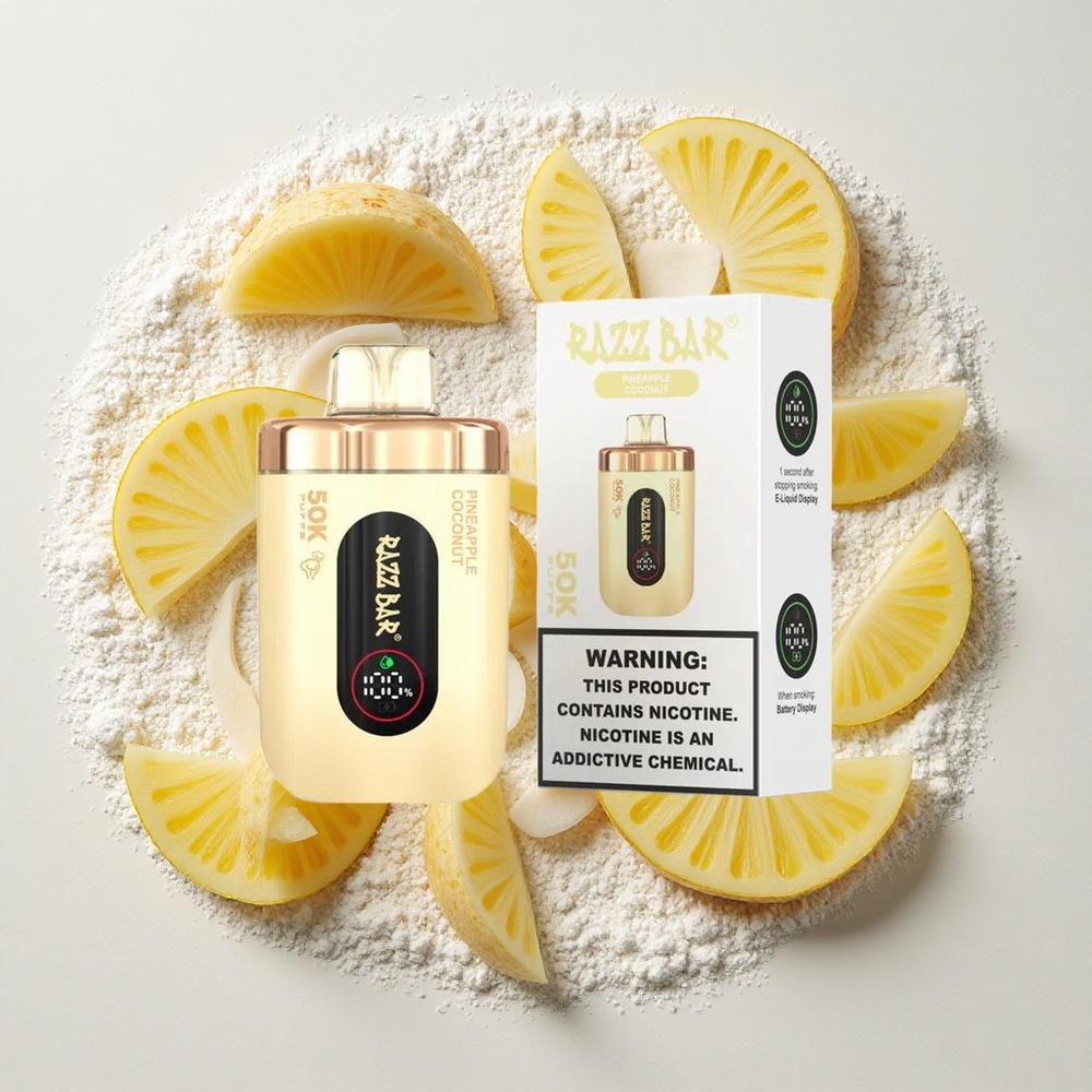 Razz Bar 50K Puffs Wegwerp Vape Ananas Kokosnoot 650 Mah Batterij, Type-C Oplaadbaar, 2% Nicotinegehalte