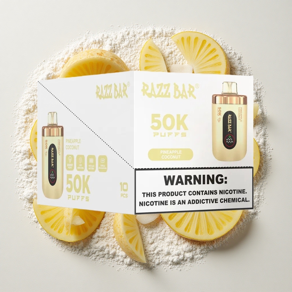 Razz Bar 50K Puffs Wegwerp Vape Ananas Kokosnoot 650 Mah Batterij, Type-C Oplaadbaar, 2% Nicotinegehalte