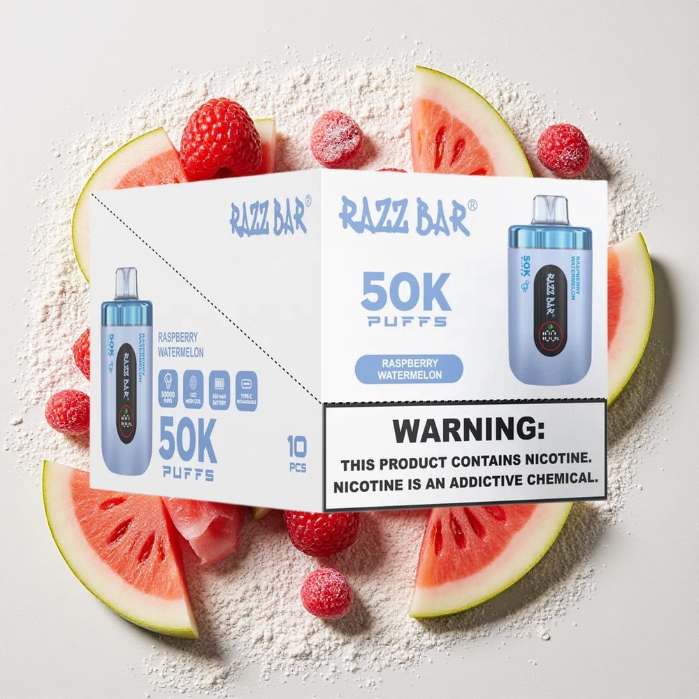 Razz Bar 50K Puffs Wegwerp Vape Framboos Watermeloen 650 Mah Accu, Type-C Oplaadbaar, 2% Nicotinegehalte