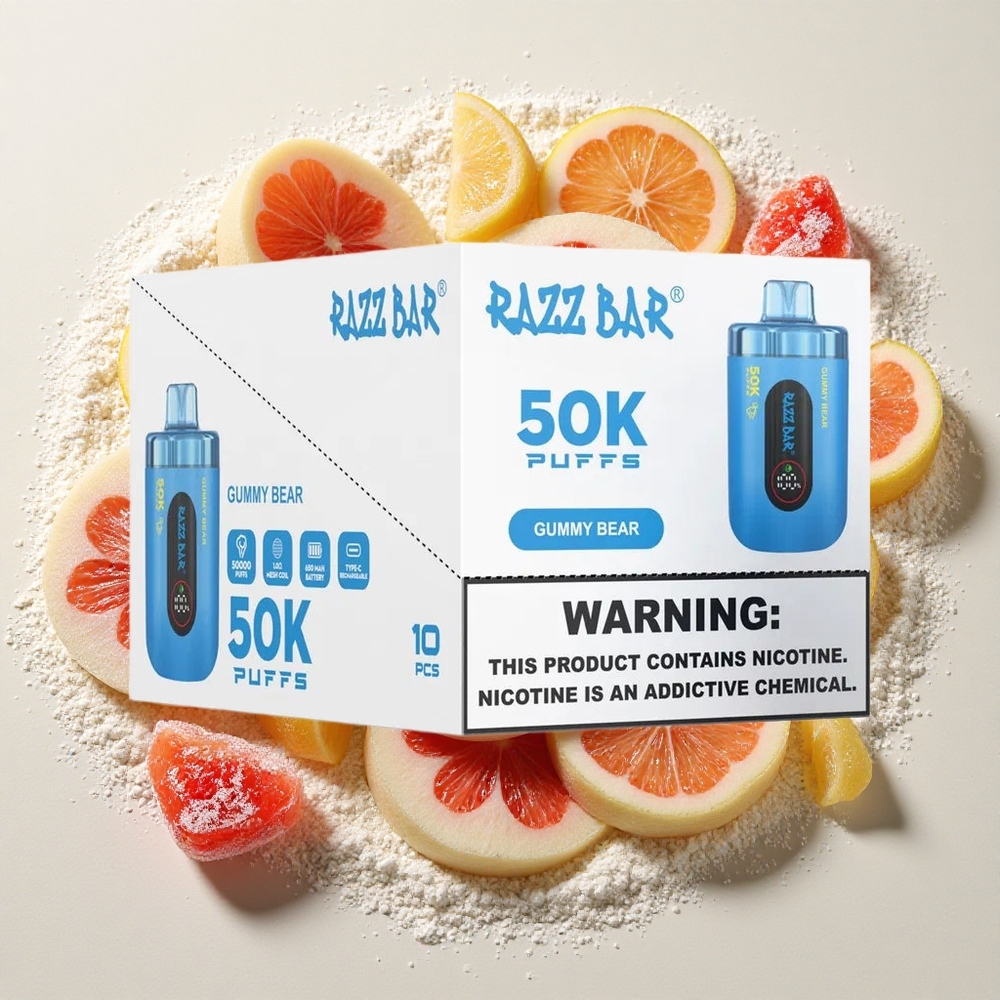 Razz Bar 50K Puffs Wegwerp Vape Gummy Bear (Gummybeer) Met 50000 Puffs, 1.0 Ohm Mesh Coil, 650 Mah Accu, Type-C Oplaadbaar, 2% Nicotine