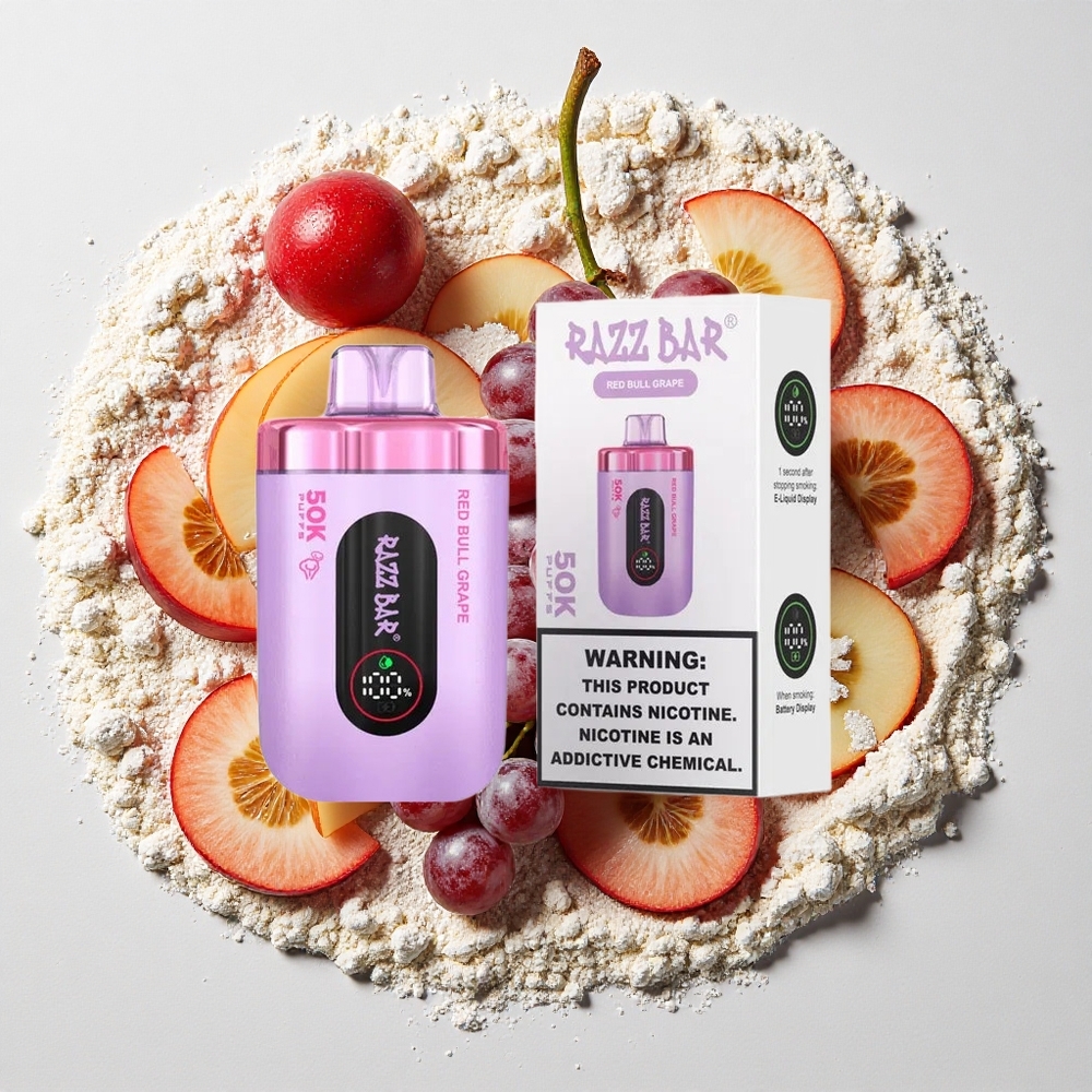 Razz Bar 50K Puffs Wegwerp Vape Red Bull Druif en Framboos 650 Mah Batterij, Type-C Oplaadbaar, 2% Nicotinegehalte