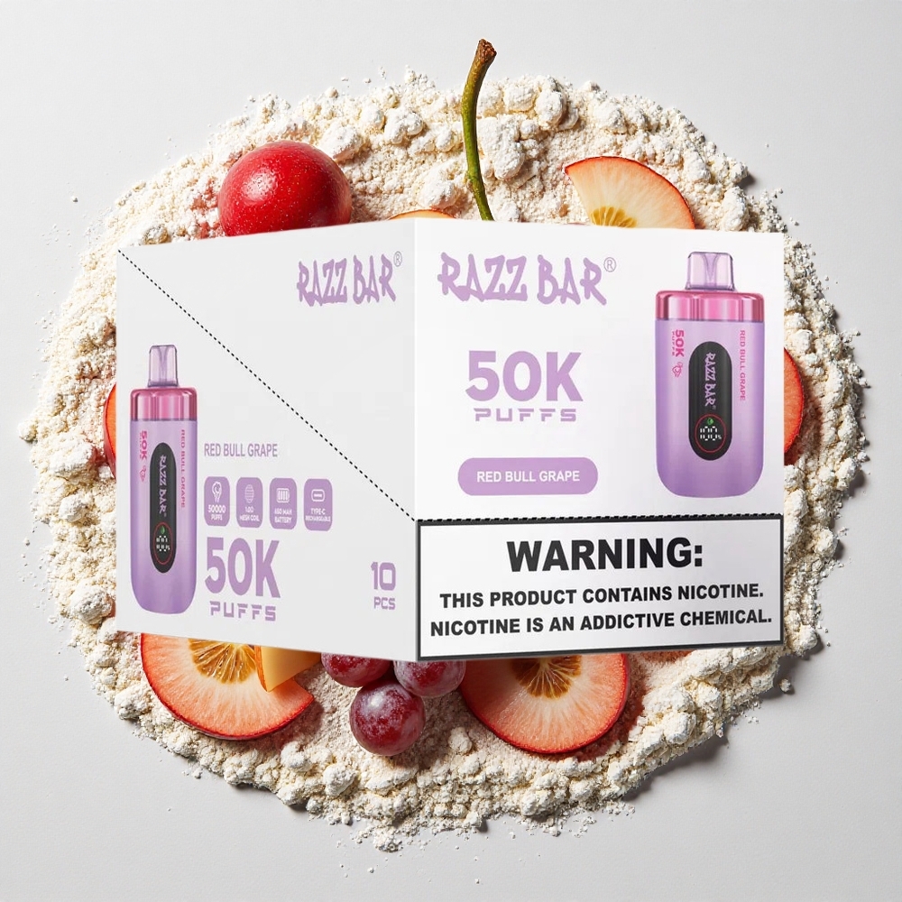Razz Bar 50K Puffs Wegwerp Vape Red Bull Druif en Framboos 650 Mah Batterij, Type-C Oplaadbaar, 2% Nicotinegehalte