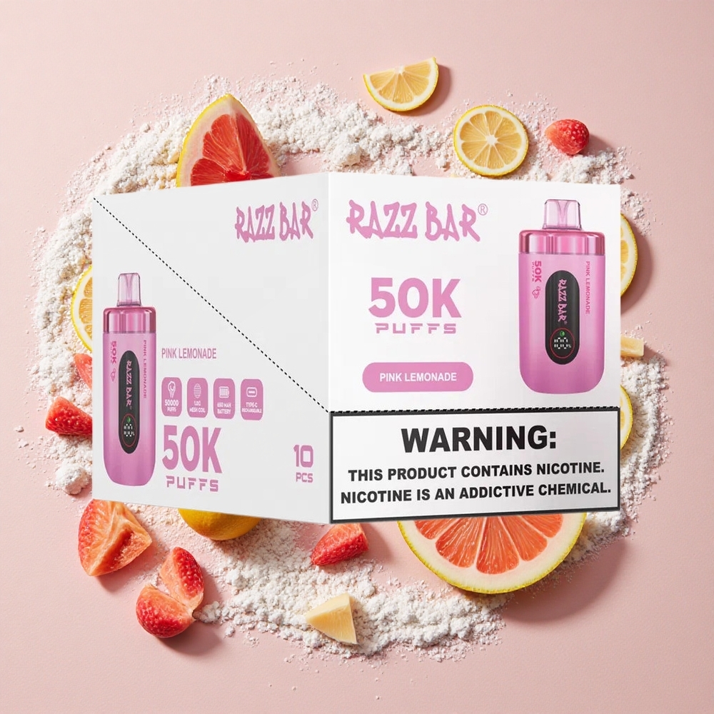 Razz Bar 50K Puffs Wegwerp Vape Roze Limonade 650 Mah Batterij, Type-C Oplaadbaar, 2% Nicotine