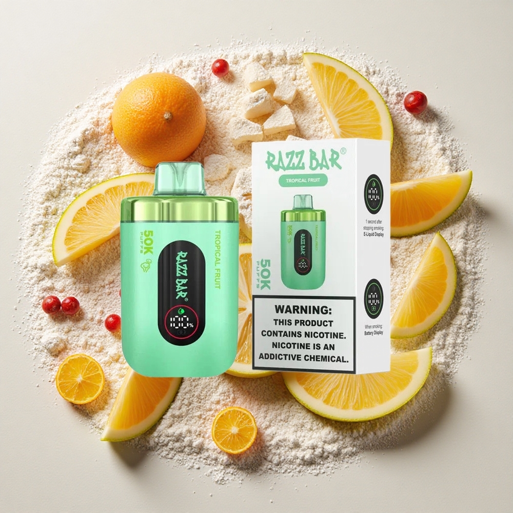 Razz Bar 50K Puffs Wegwerp Vape Tropisch Fruit en Framboos 650 Mah Batterij, Type-C Oplaadbaar, 2% Nicotinegehalte