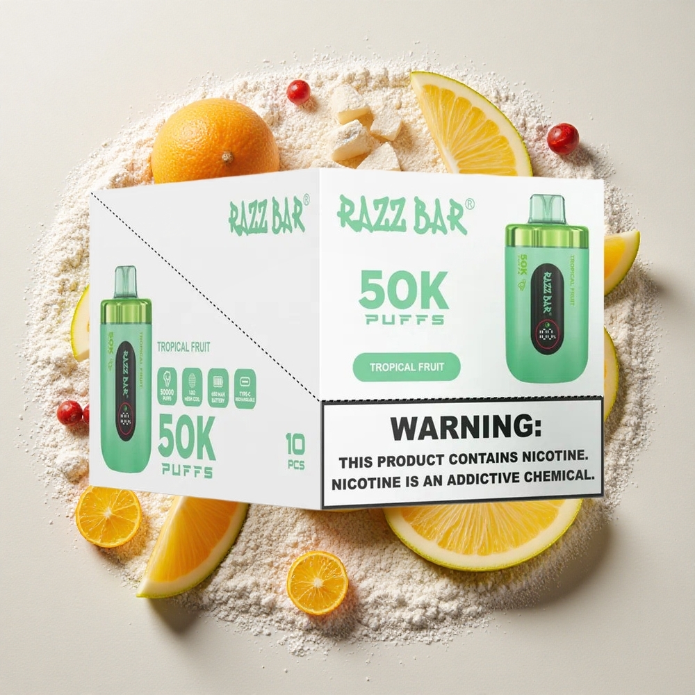 Razz Bar 50K Puffs Wegwerp Vape Tropisch Fruit en Framboos 650 Mah Batterij, Type-C Oplaadbaar, 2% Nicotinegehalte